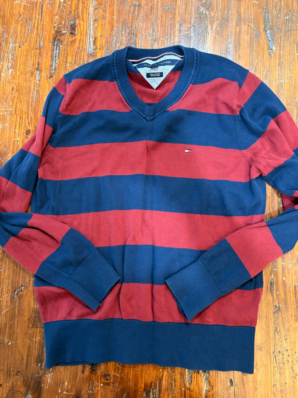 Tommy Hilfiger Men's Navy and Red Striped V-Neck Sweater medium